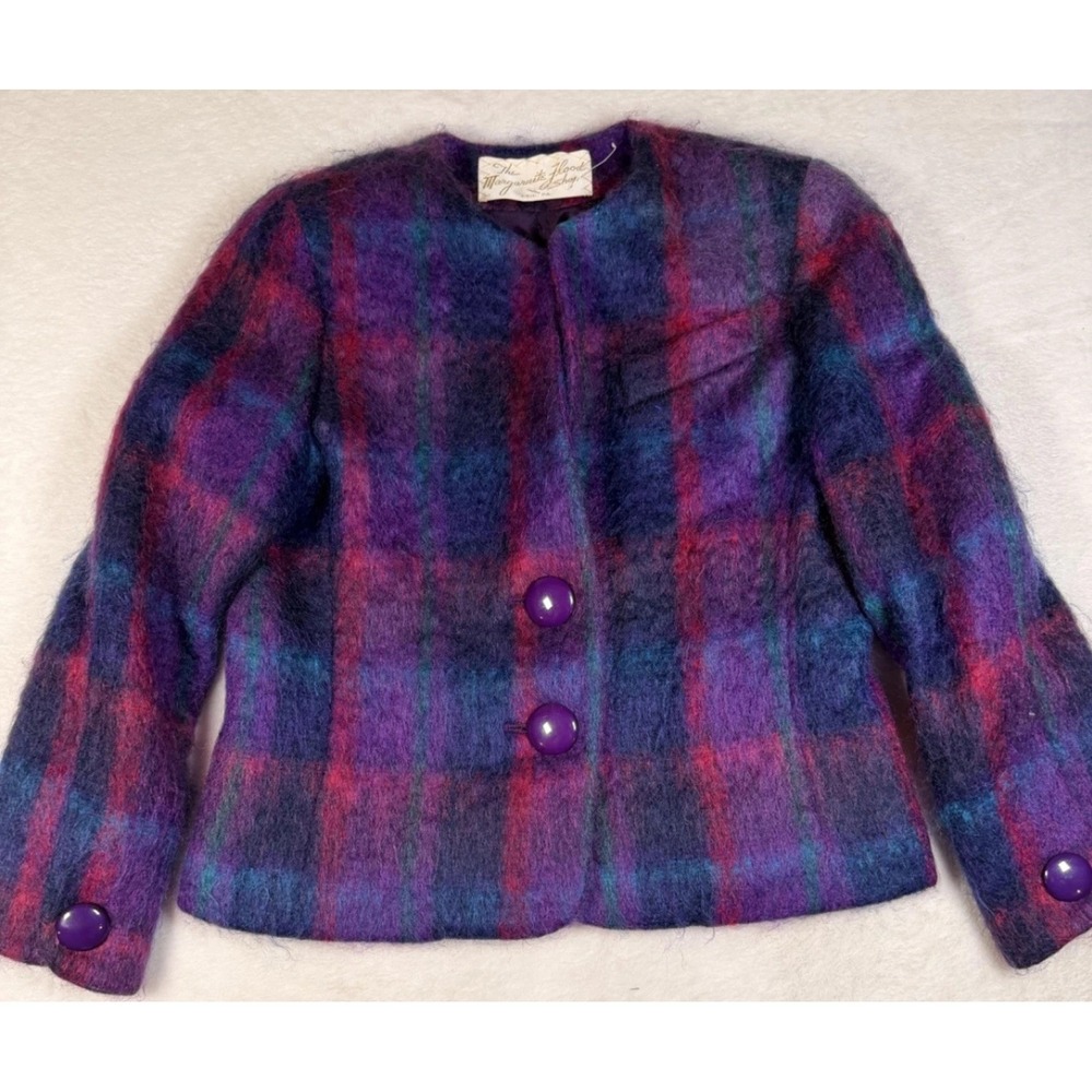 Vintage The Margaurite Flood Shop Jacket Womens 8 Purple Plaid Wool Lined USA